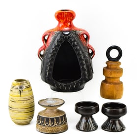 MID-CENTURY DANISH & GERMAN STONEWARE CANDLESTICKS & HOLDERS