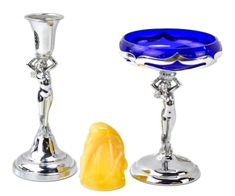 FARBER BROS KROME KRAFT NUDE FIGURAL COMPOTE, MCKEE BOTTTOMS UP SHOT GLASS, & MORE