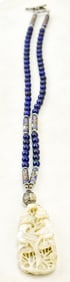 CARVED JADE, CLOISONNE & LAPIS BEAD PENDANT NECKLACE