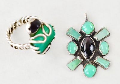 FRANCES GABE CHRYSOPRASE RING & BLACK SAPPHIRE PENDANT