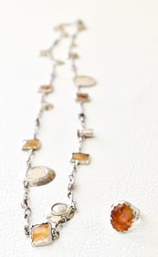 FRANCES GABE SILVER, AGATE & GARNET CHARM NECKLACE & RING