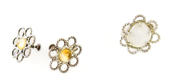 FRANCES GABE SILVER MOONSTONE RING & CITRINE QUARTZ EARRINGS