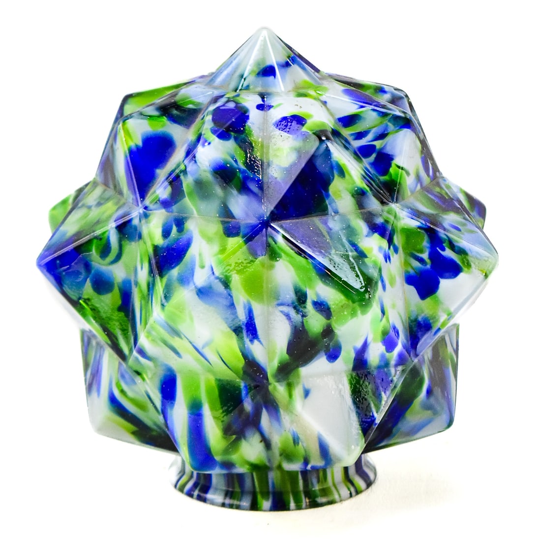CZECH SPATTER END OF DAY BLUE-GREEN GLASS SHADE: Czech spatter "end of day" blue-green glass shade, circa 1920s. Measures 7" tall with 7" diameter.