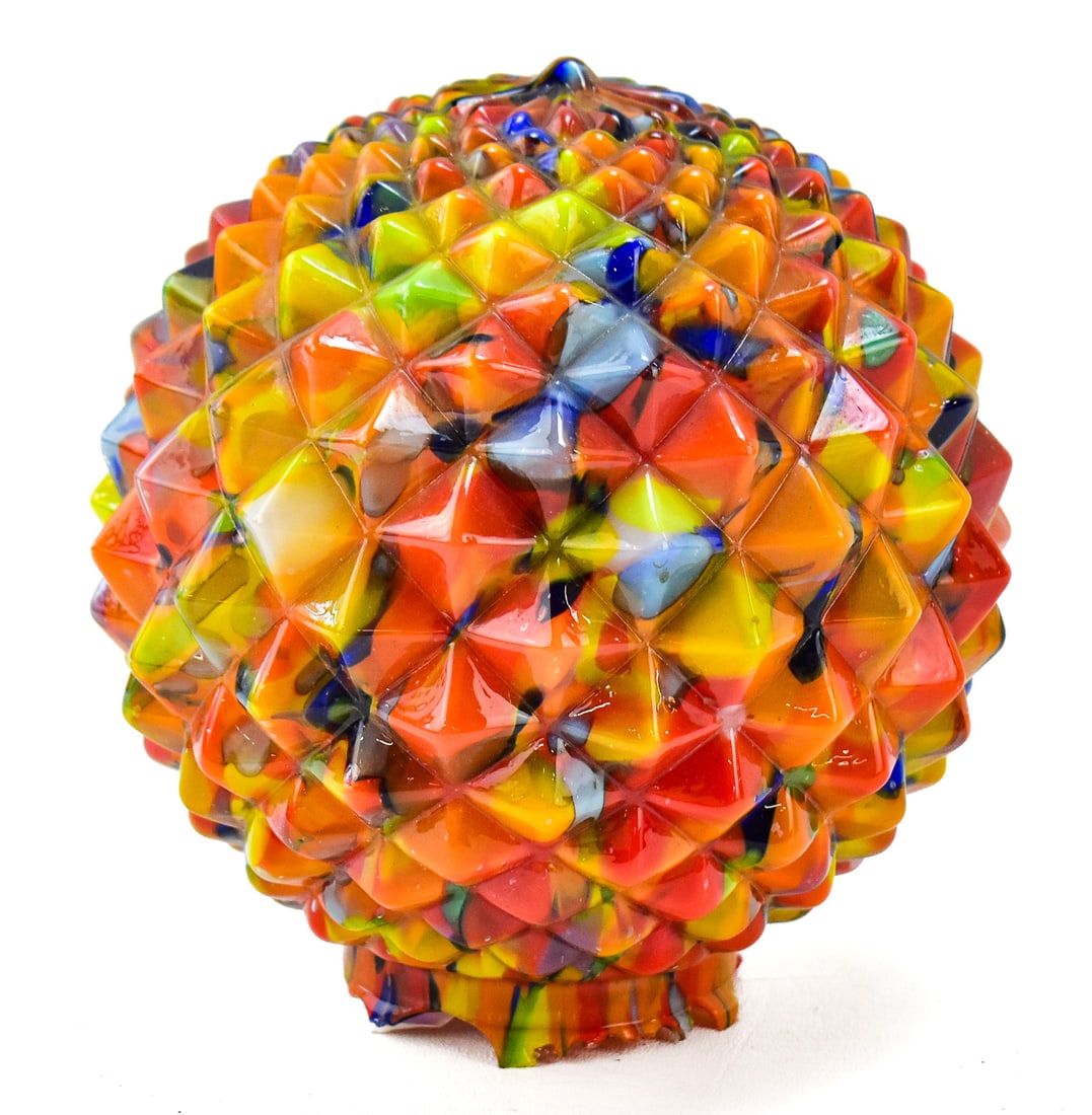 CZECH SPATTER END OF DAY ORANGE GLASS SHADE: Czech spatter "end of day" multi-colored with orange base color glass shade, circa 1920s. Measures 7" tall with 7" diameter.