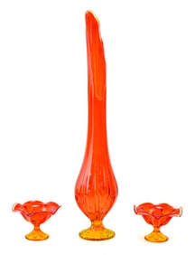 MIDCENTURY AMBERINA SWUNG VASE & CANDLE HOLDERS