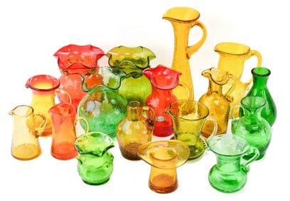 ASSORTED CRACKLE GLASS PITCHERS