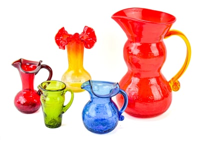 COLLECTION OF BLENKO CRACKLE GLASS PITCHERS & VASE