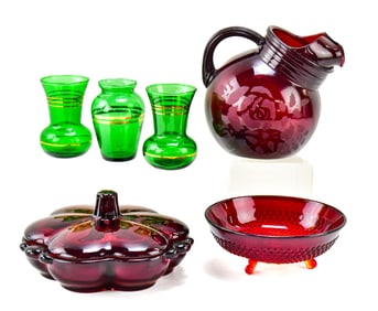 ASSORTED RUBY & GREEN GLASSWARE