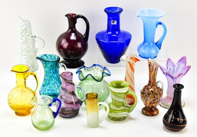 ASSORTED ART GLASS BUD VASES, PITCHERS, & DECANTERS