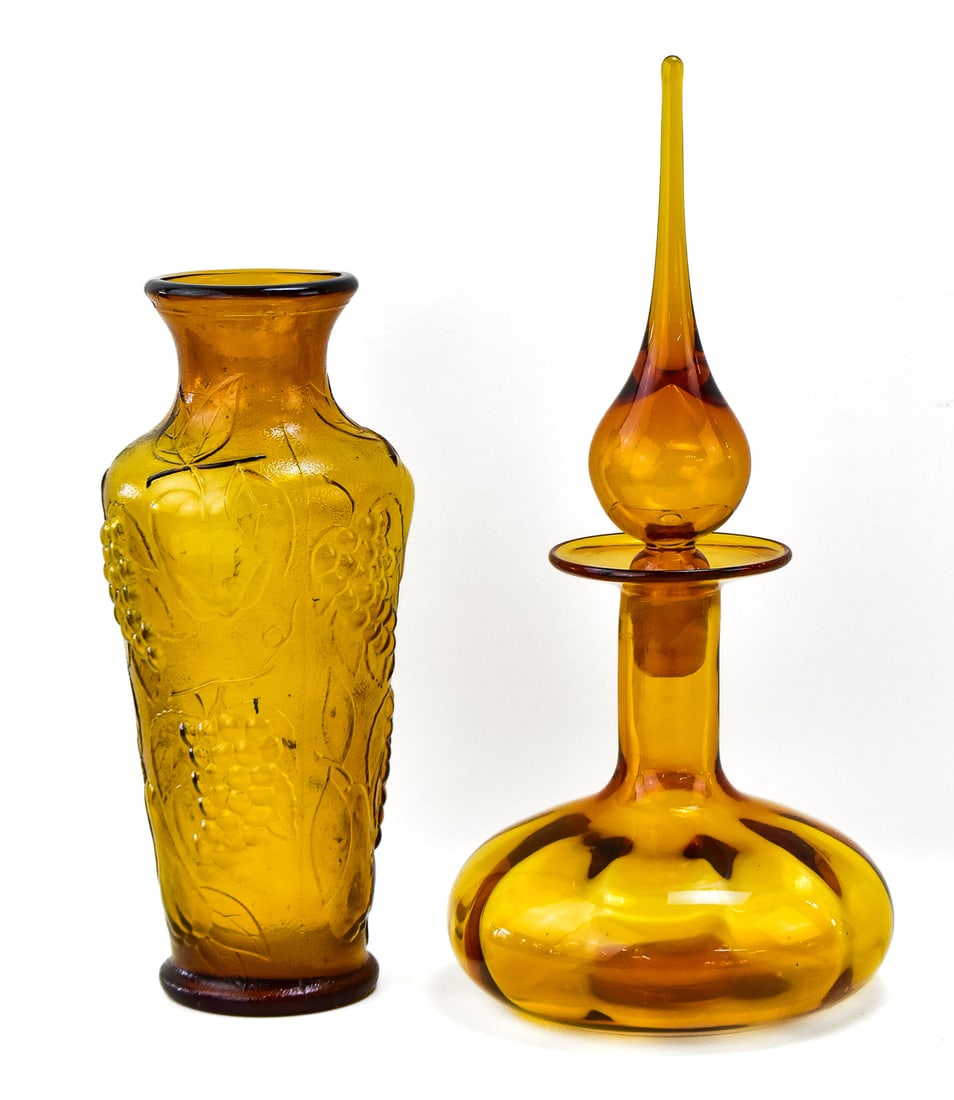 EMPOLI AMBER VASE & RAINBOW ART GLASS AMBER DECANTER (1 of 2)