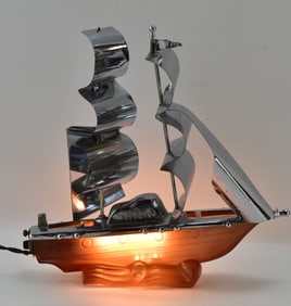 ART DECO CHROME & SATIN GLASS SAILBOAT TELEVISION LAMP