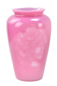 FENTON GLASS SAND CARVED PINK CAMEO VASE