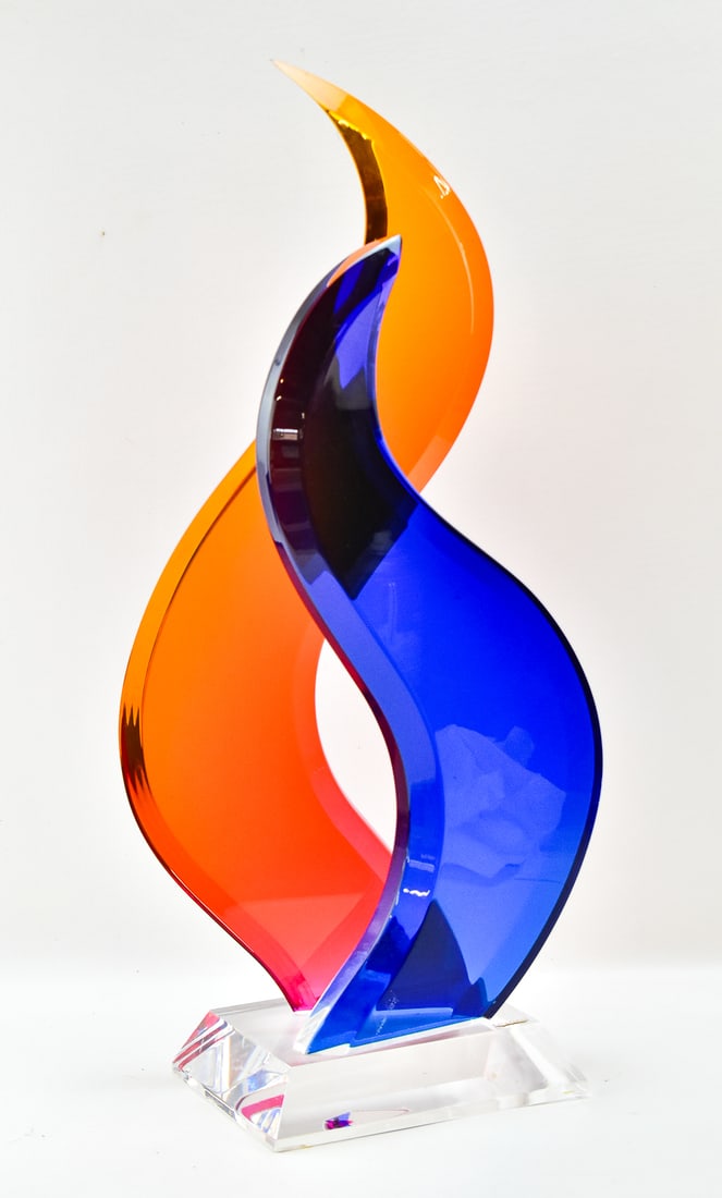 SHLOMI HAZIZA ACRYLIC LUCITE "FLAME" SCULPTURE: Acrylic lucite "Flame" sculpture by listed artist, Shlomi Haziza (NY, Israel, 1969 - 2005). Original gallery sticker and signed by the artist. Measures 28"h x 13"w.