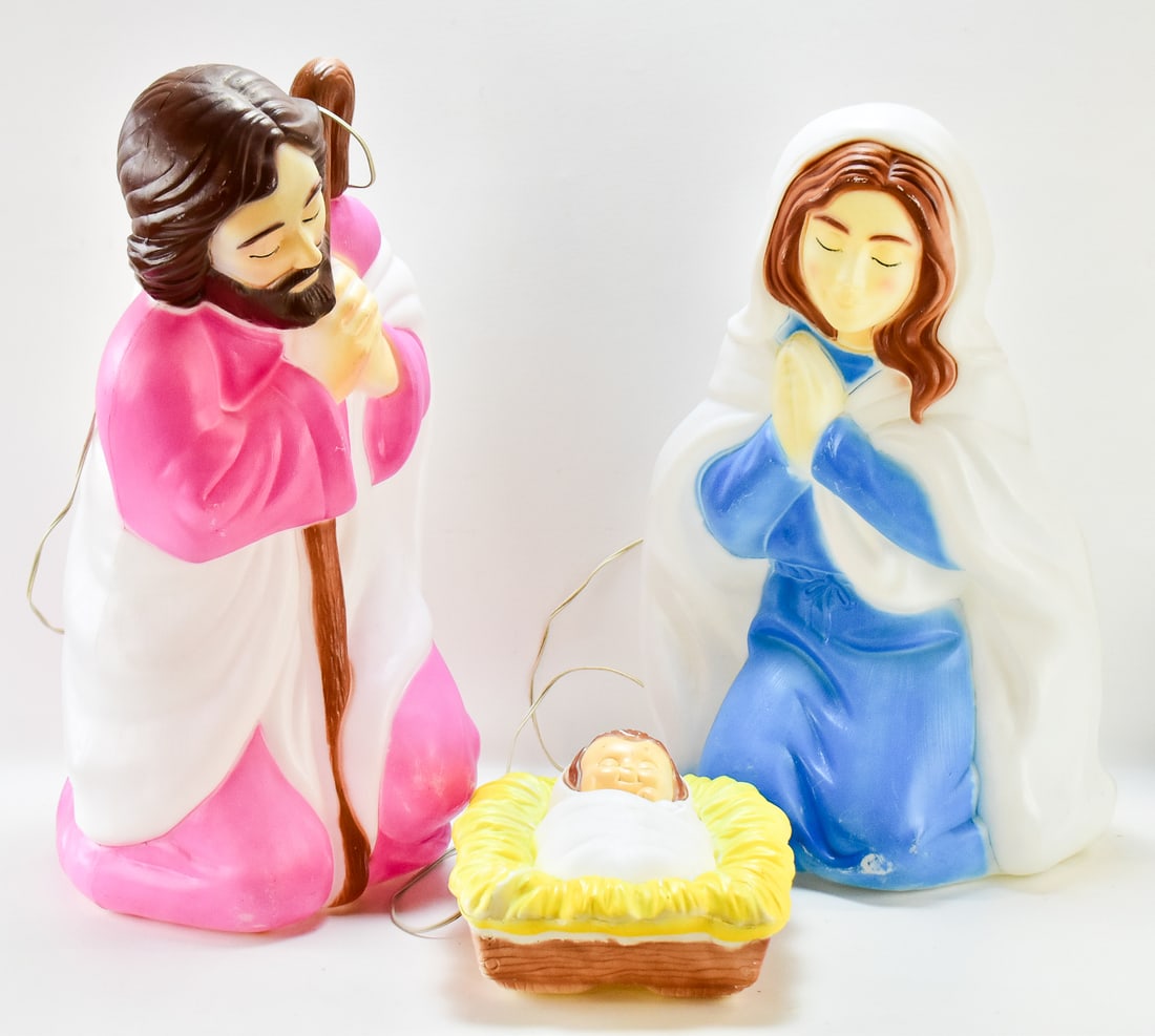 EMPIRE & GENERAL FOAM BLOW MOLD NATIVITY SET: Includes the following nativity-themed blow molds, circa 1995: Empire Joseph (27" tall, 13" wide, and 12" deep), Empire Mary, and General Foam baby Jesus (27" tall, 13" w