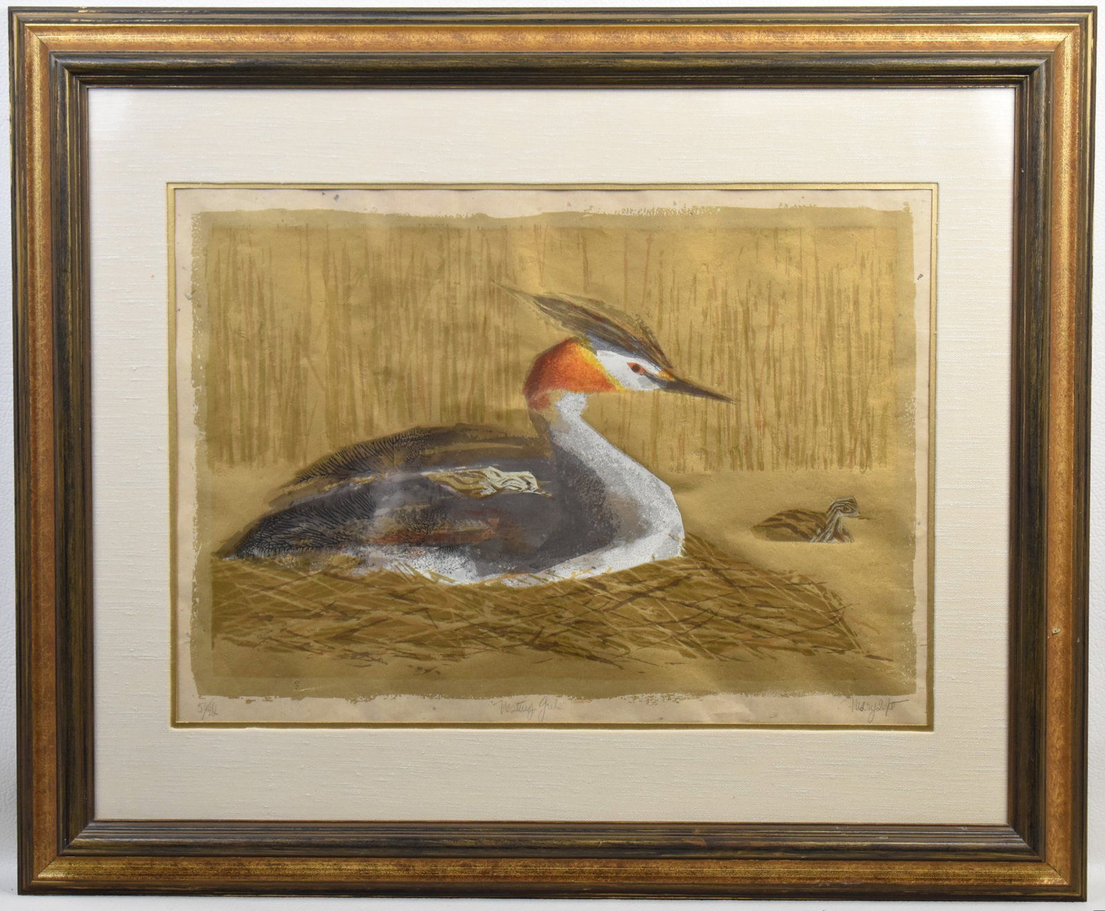 NESTING GREBE LIMITED EDITION BLOCK PRINT BY MARY LIFE: Limited Edition mixed media block print on rice paper by Mary Life Titled "Nesting Grebe" art measures 16 "tall and 22" wide mounted in a frame measuring 27"x32". Ed