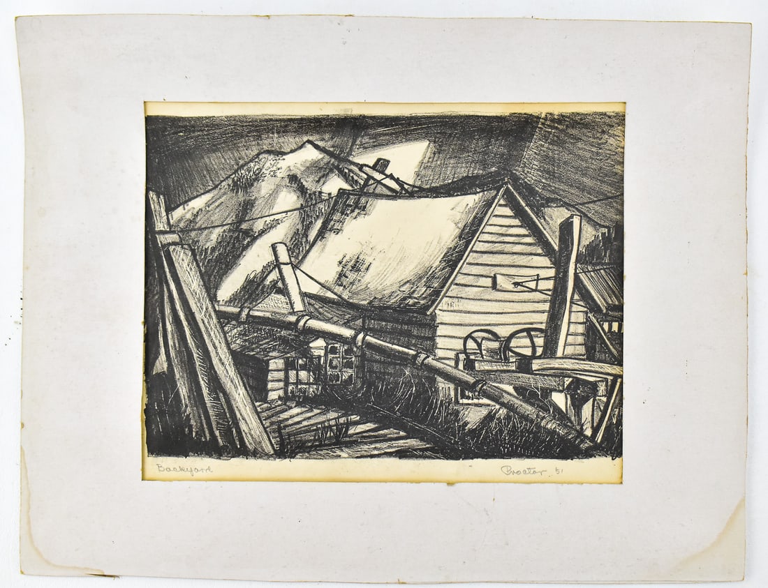 SIGNED PROCTOR CHARCOAL DRAWING, "BACKYARD": Charcoal drawing titled 1951 "Backyard" signed by "Proctor". Measures 11" x 14".