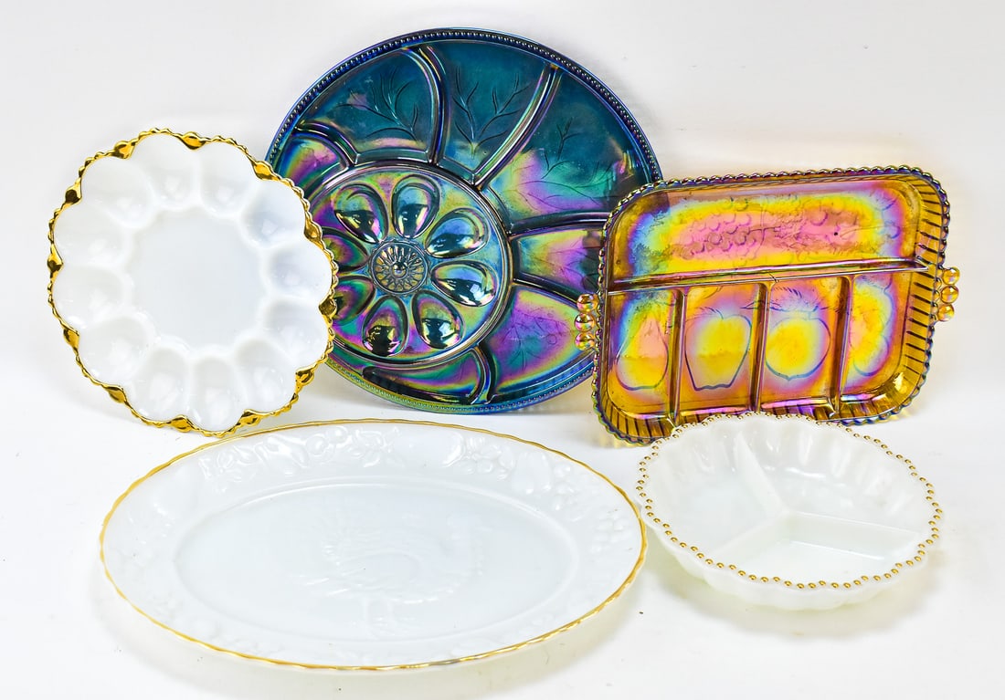 ASSORTED GILDED MILK & CARNIVAL OR IRIDESCENT GLASS PLATTERS (1 of 3)
