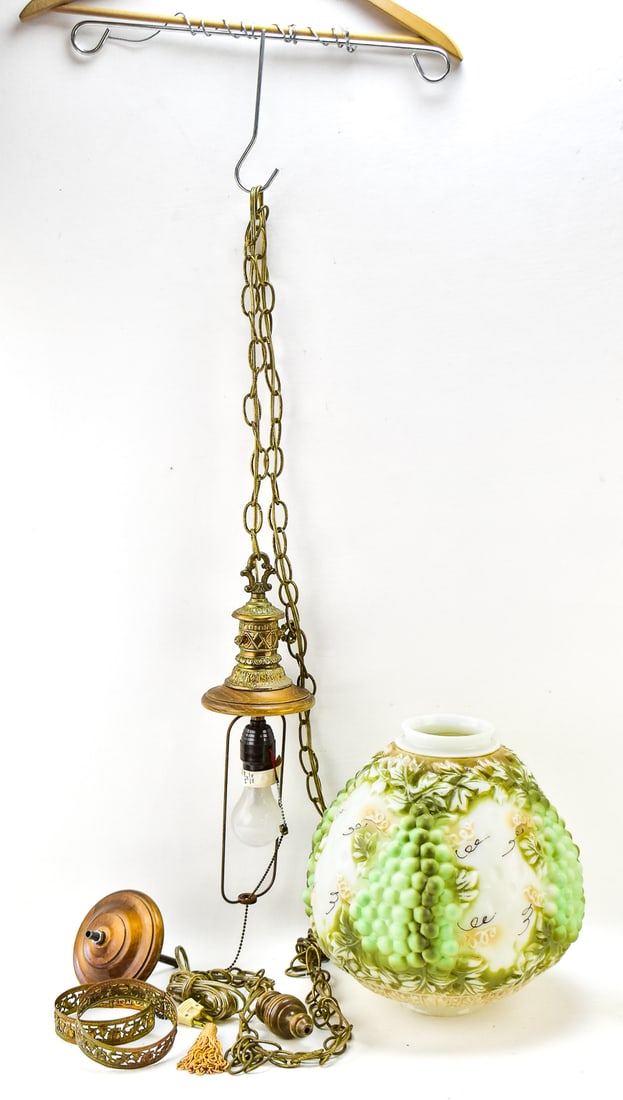FALKENSTEIN GRAPE PATTERN MILK GLASS HANGING OR SWAG LAMP: A midcentury Falkenstein grape pattern on milk glass hanging or swag lamp, including hardware, with a lamp body measuring 12 inches in height.