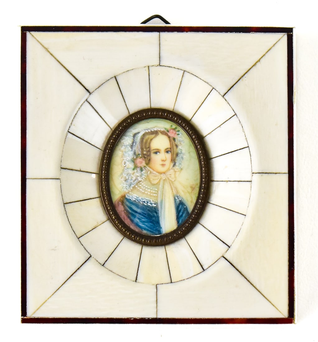 GOUACHE LADY PORTRAIT MINIATURE ON BONE: Gouache lady portrait miniature in bone frame, circa 19th century. Measures 4" x 4". 