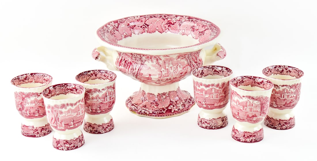 MASON'S VISTA PINK IRONSTONE PEDESTAL SALAD SERVING BOWL & MORE: Mason's England Vista Pink ironstone 6" high x 9.5" wide pedestal salad serving bowl and six 4" high egg cups.