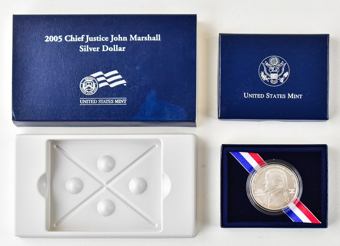 2005 CHIEF JUSTICE JOHN MARSHALL SILVER DOLLAR: 2005 Chief Justice John Marshall silver dollar Philadelphia Mint uncirculated silver dollar with COA.