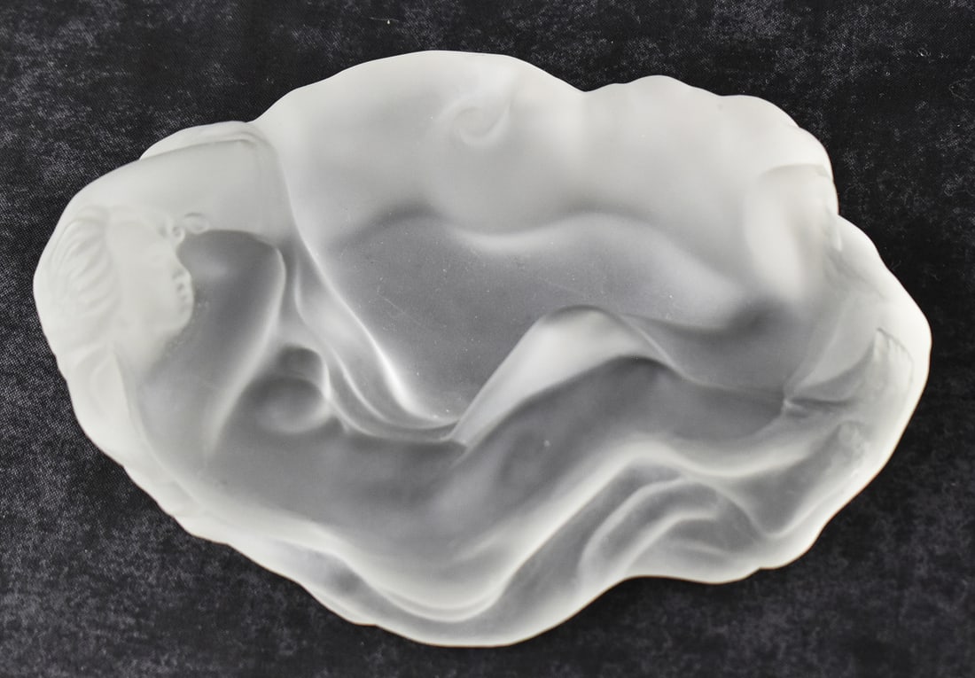 ANTIQUE CZECH ART DECO FROSTED GLASS NUDE DISH: An antique Czech art deco style frosted glass nude dish, trinket tray, or ash tray signed "Lalique France" on the base.