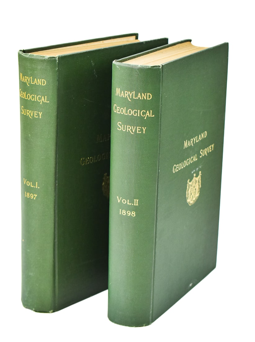 ANTIQUE COPIES OF THE MARYLAND GEOLOGICAL SURVEY VOL. I & II: A pair of volumes one and two of The Maryland Geological Survey, 1897 and 1898 from the Baltimore, John Hopkins Press, and previously owned by the Dartmouth College Library to which they were gifted i