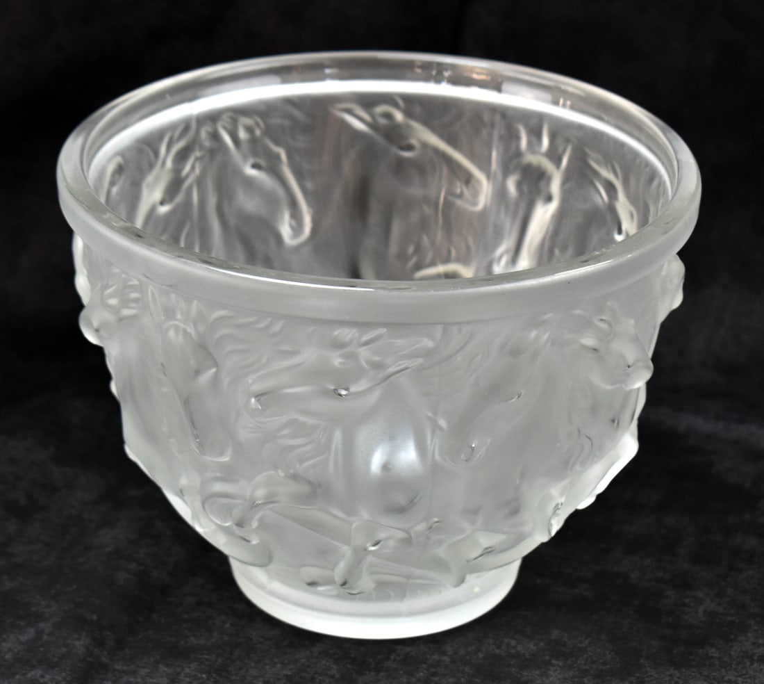 JOSEF INWALD GLASSWORKS (ATTR.) HORSES OF POSEIDON FROSTED GLASS BOWL: Czech or Bohemian frosted glass bowl attributed to Josef Inwald Glassworks Barolac line with raised horses of Poseidon motif, circa 1930s. Signed "Lalique".