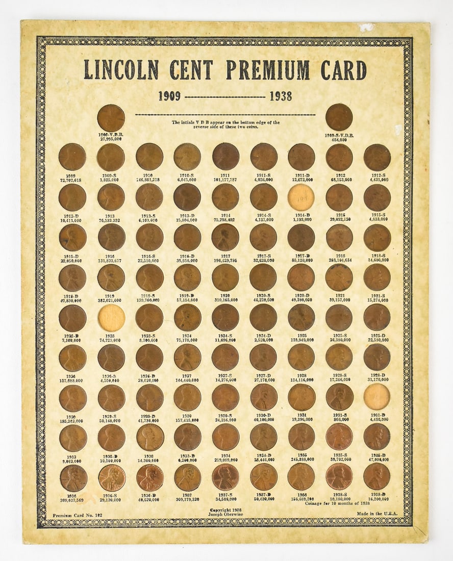 JOSEPH OBERWISE LINCOLN HEAD CENT PREMIUM CARD No. 102, 1909-1938 W/ 1909 VDB & 1909-S VDB (1 of 3)