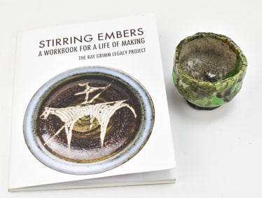 RAY GRIMM (OREGON ARTIST, 1924 - 2012) RAKU-FIRED GREEN STONEWARE TEA BOWL OR CHAWAN & STIRRING