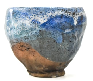 RAY GRIMM (OREGON ARTIST, 1924 - 2012) SIGNED RAKU-FIRED BLUE BOWL