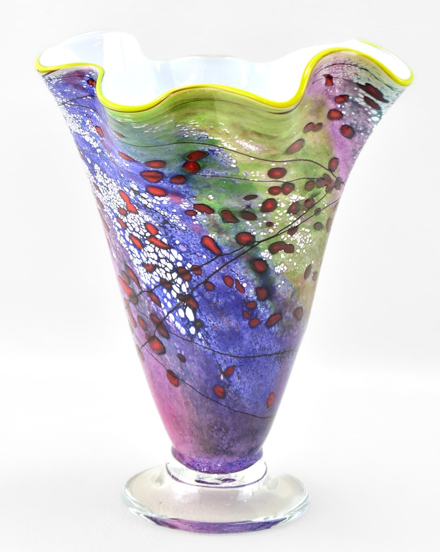 SIGNED MURANO ART GLASS RUFFLED VASE: Murano art glass vase with ruffled edge and multicolor design. Unidentified signature on base.