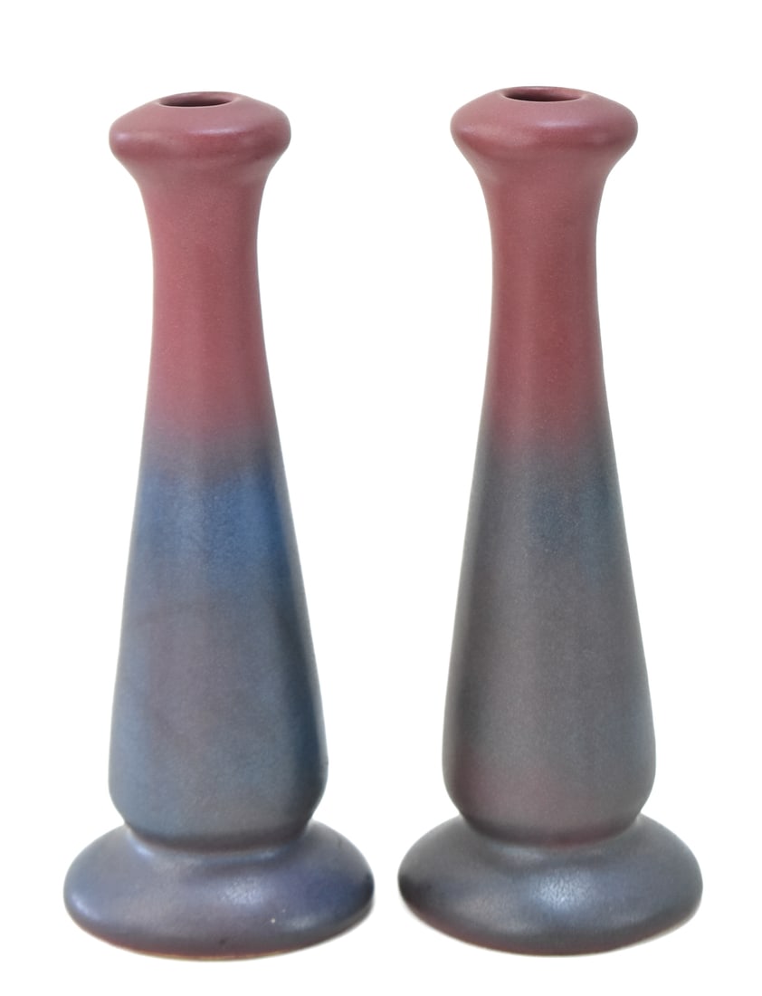 PAIR OF VAN BRIGGLE MULBERRY CANDLESTICKS OR BUD VASES (1 of 4)
