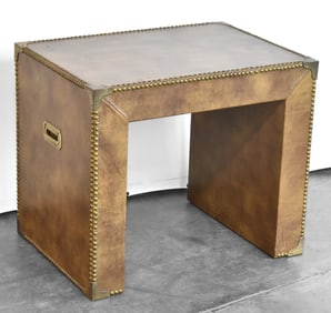 PIERRE LOTTIER (ATTR.) FRENCH LACQUERED LEATHER AND BRASS STUDDED ACCENT TABLE