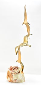 1974 CURTIS JERE FLOCK OF SEAGULLS ON GREEN ONYX OR QUARTZITE SCULPTURE