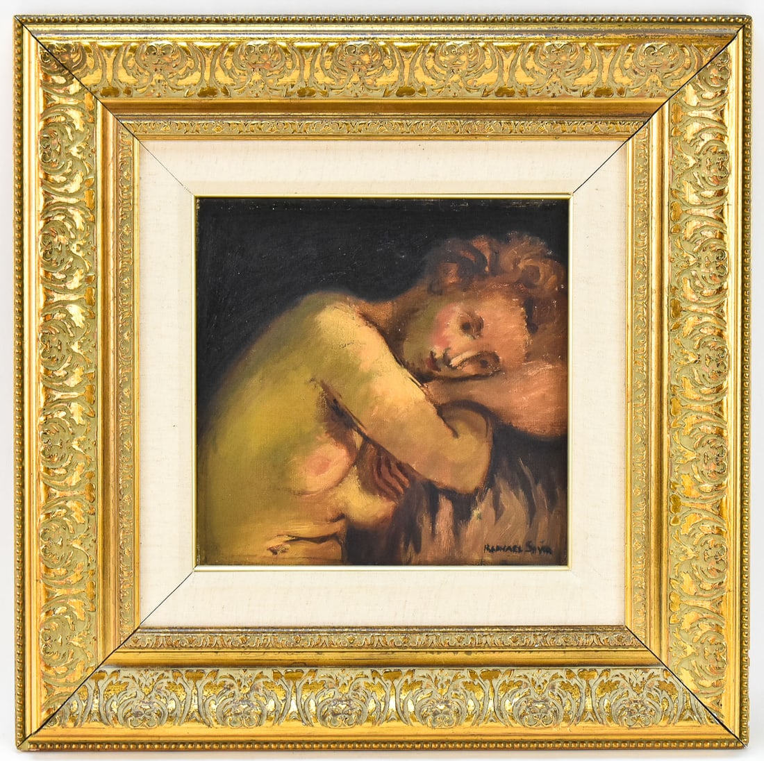 RAPHAEL SOYER 'SEATED HALF-NUDE' OIL PAINTING: Original oil painting on canvas by listed artist, Raphael Soyer (NY, 1899 - 1987), signed lower right, titled "Seated Half-Nude" on the verso & dated 1938. Art measures 11" h x 11" w presented in a fr