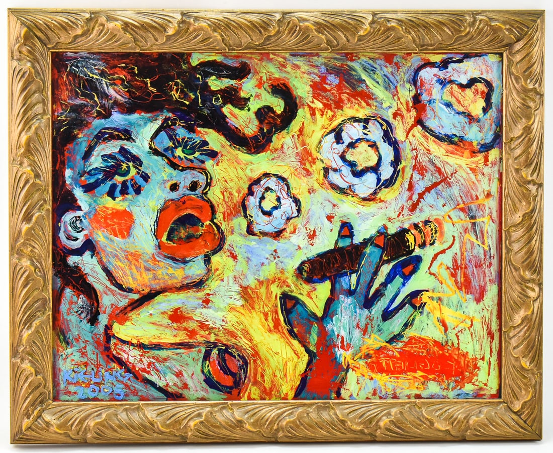 BRIAN KIELING 'FOGLIETTA' REVERSE PAINTED ACRYLIC ON GLASS: Original reverse painted acrylic on glass by listed Oregon artist, Brian Kieling, signed lower left, dated 2005 & titled lower right, "Foglietta". Art measures 16.5" h x 21.5" w presented in a frame m