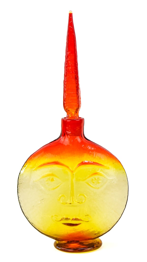 EARLY 1960s WAYNE HUSTED BLENKO AMBERINA 'SUN FACE' GLASS DECANTER (1 of 3)