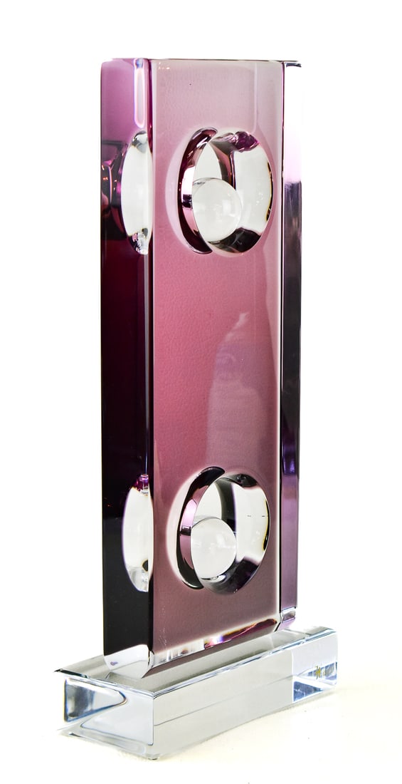 SIGNED SHLOMI HAZIZA POST MODERN ACRYLIC SPULPTURE: Post Modern purple and clear acrylic sculpture by listed artist, Shlomi Haziza (NY, Israel, 1969 - 2005), signed by the artist.Artist bio: Haziza's Rock Art became wildly popular as began designing cl