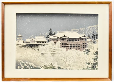 TOMIKICHIRO TOKURIKI 'SNOW SCENE AT KIYOMIZU-DERA TEMPLE' WOOD BLOCK PRINT