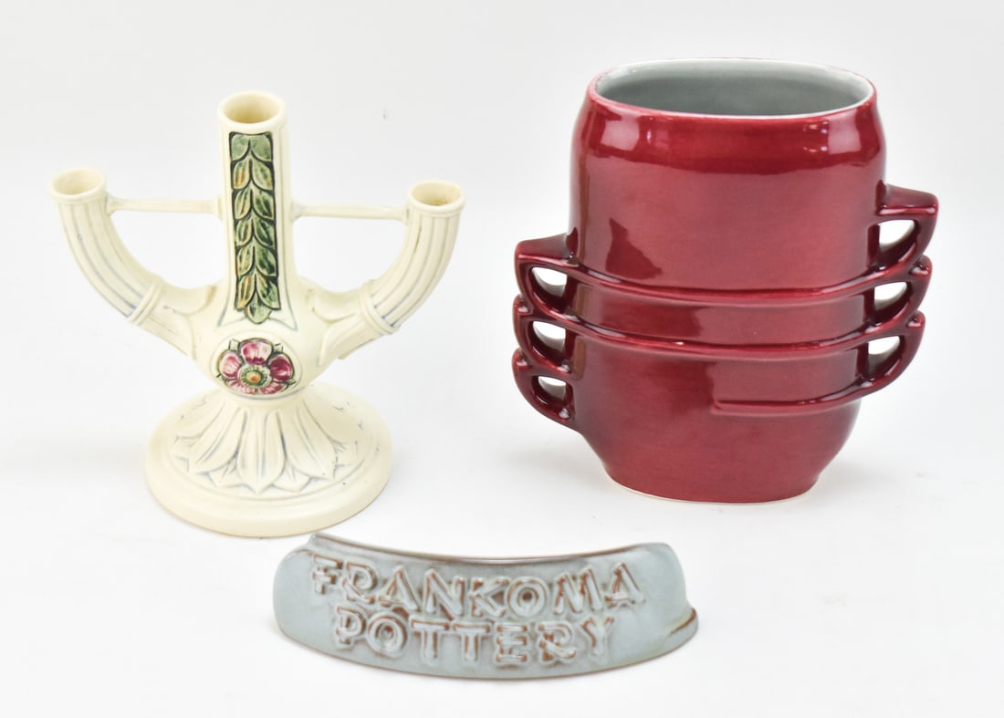 MIDCENTURY CERAMICS: RED WING TEACUP VASE, FRANKOMA POTTERY DEALER SIGN, AND WELLER TRIPLE BUD VASE: Includes Red Wing ceramic teacup vase "1359" (8" tall, 7" wide, and 2" deep) circa 1949-1953, Frankoma Pottery ceramic dealer sign circa 1970s, and Weller ceramic triple bud vase (7.5" tall, 7" wide,