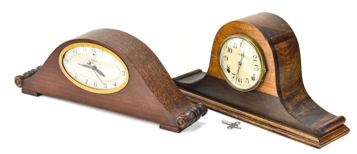 GENERAL ELECTRIC 'LAFAYETTE' MANTEL CLOCK No. 368 & INGRAHAM 'CAMEO' MANTEL CLOCK: General Electric "Lafayette" Westminster Chime horizontal mahogany veneer mantel clock No. 368 (7.5" tall, 22" wide, and 4" deep) circa 1937-1940 and The E. Ingraham Company "Cameo" mahogany mantel cl