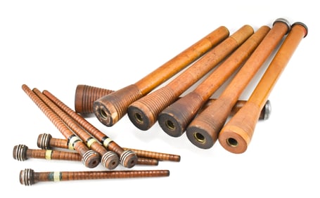 COLLECTION OF WOODEN TEXTILE SPOOLS & SPINDLES