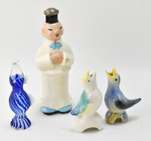 FOUR VINTAGE CERAMIC & GLASS PIE BIRDS: CLEMINSON'S POTTERY