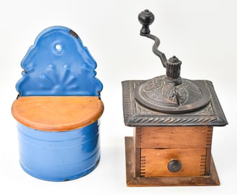 ANTIQUE COFFEE GRINDER & ENAMELWARE SALT BOX