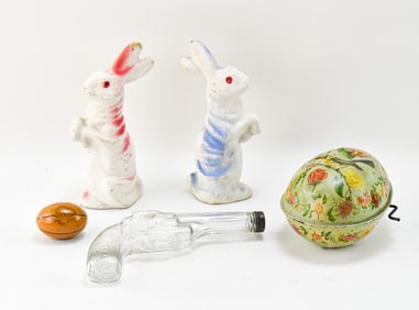 MIDCENTURY CHILDRENS TOYS: MATTEL MUSICAL EGG, EASTER BUNNY PAPER PULP CANDY CONTAINERS, AVOR GLASS