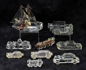 AUTOMOBILE, TRAIN & BOAT-THEMED GLASS CANDY CONTAINERS