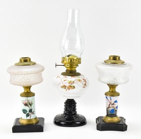 THREE VICTORIAN KEROSENE TABLE LAMPS: EAGLE-USA TABLE LAMP & MORE