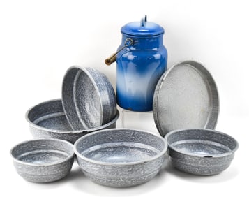 SEVEN PIECES OF ENAMEL GRANITEWARE, CIRCA EARLY 20th C.