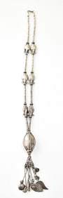 ANTIQUE STERLING SILVER NECKLACE WITH STERLING FISH BEADS & TASSELED CHARMS